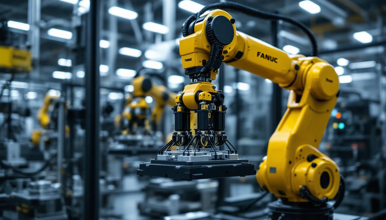 A photograph of a sleek fanuc industrial robot in action within a manufacturing environment