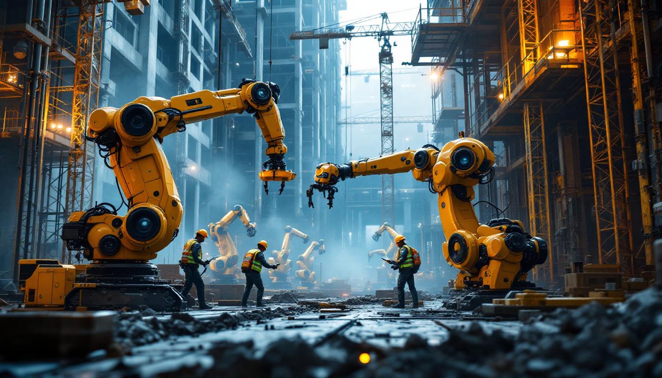 A photograph of a dynamic construction site scene featuring various industrial robots in action