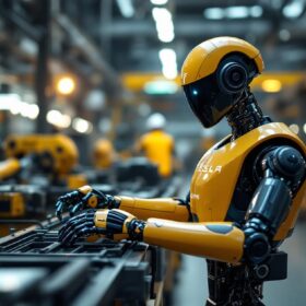 A photograph of a tesla robot in an industrial setting