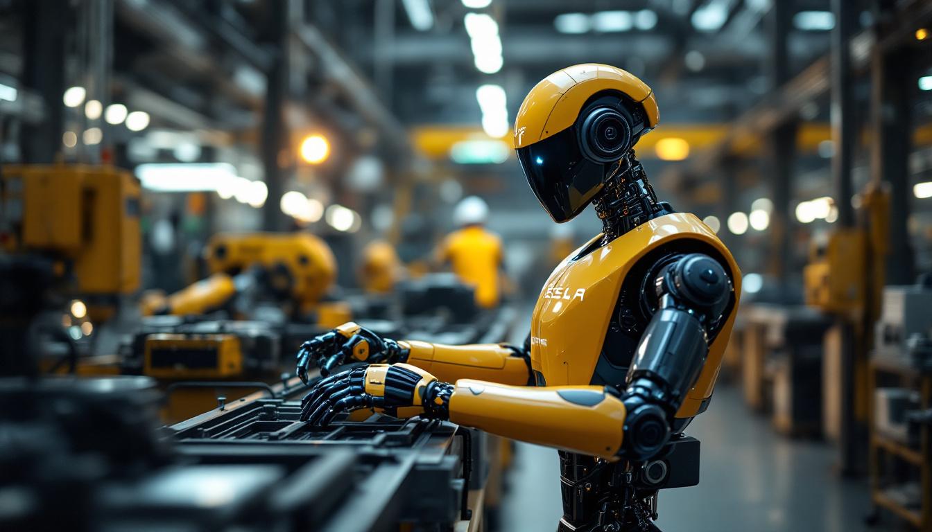 A photograph of a tesla robot in an industrial setting