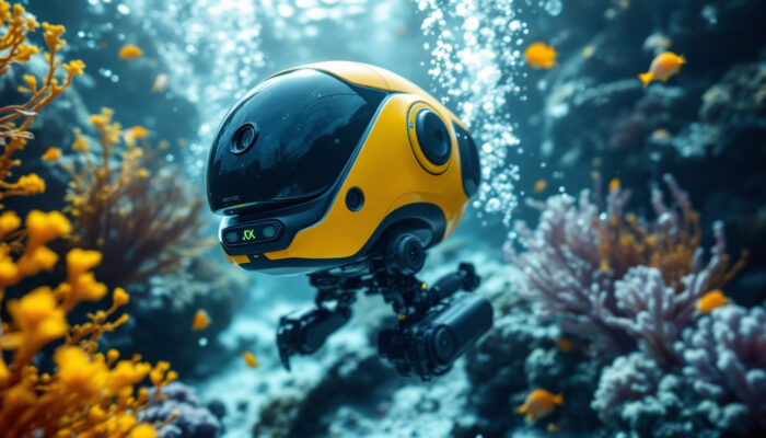 A photograph of a sleek underwater robot in action