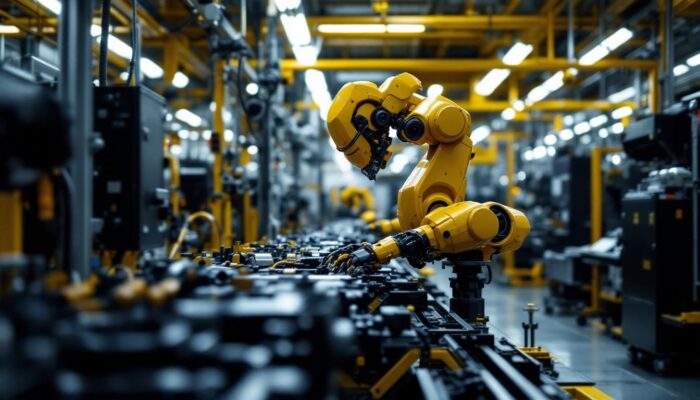 A photograph of a sleek tesla factory floor