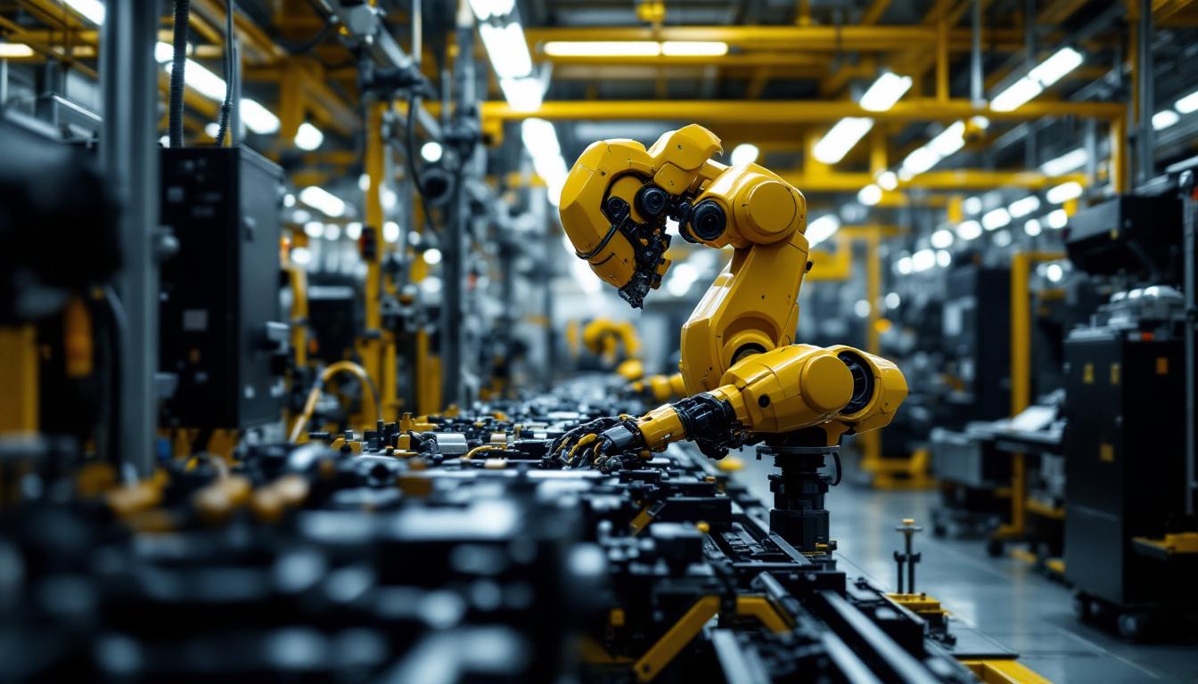A photograph of a sleek tesla factory floor