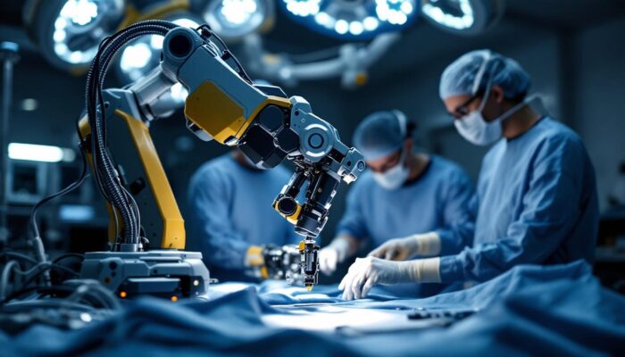 A photograph of a state-of-the-art surgical robot in action during a procedure