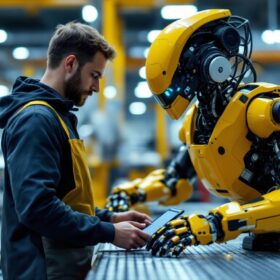 A photograph of a collaborative robot (cobot) in action alongside a human worker in an industrial setting