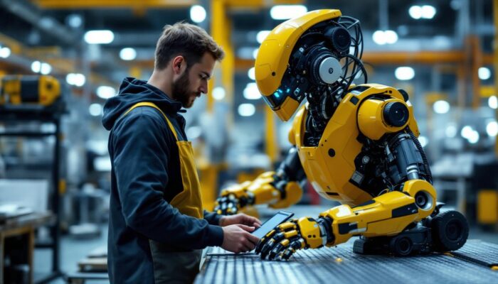 A photograph of a collaborative robot (cobot) in action alongside a human worker in an industrial setting