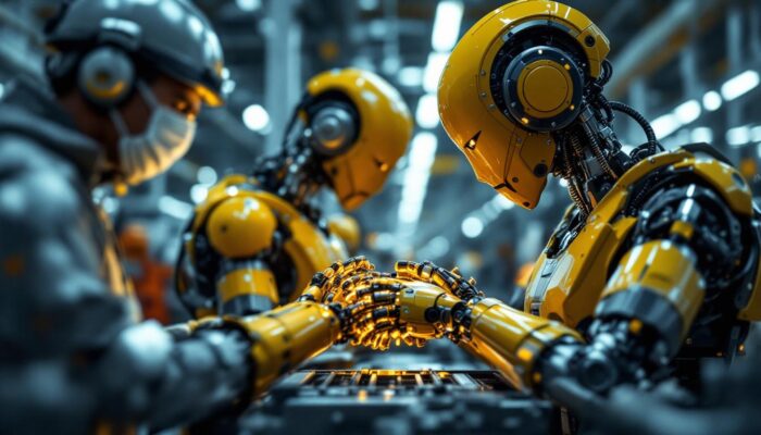 A photograph of a modern industrial robot in action within a manufacturing facility