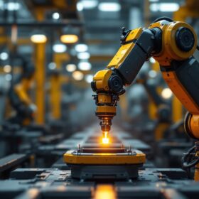 A photograph of a sleek industrial robotic arm in action