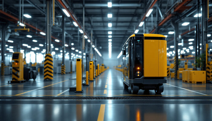 A photograph of a modern industrial setting featuring an automated guided vehicle (agv) in operation