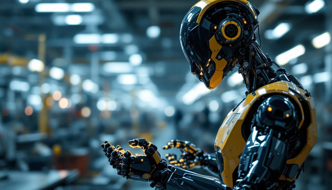 A photograph of a sleek industrial robot in action within a modern manufacturing environment