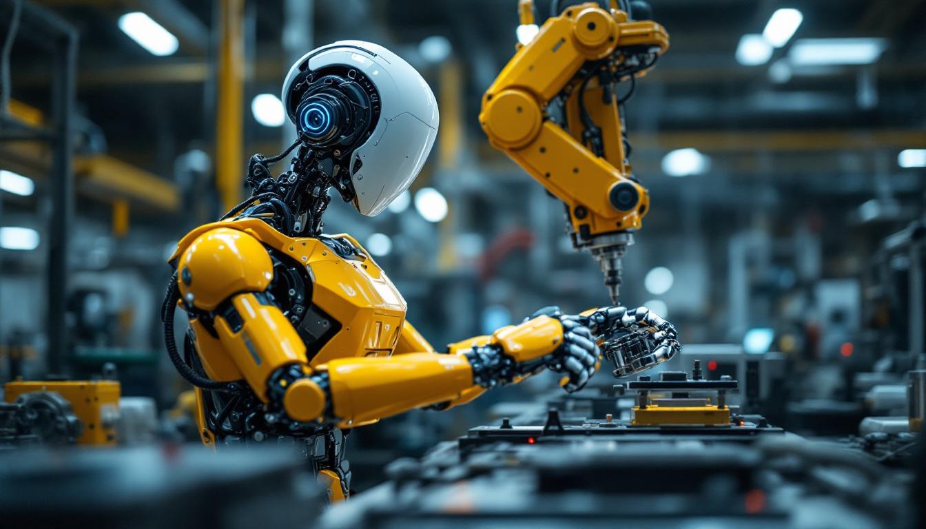 A photograph of capture a photograph of a sleek industrial robot in action within a modern manufacturing environment