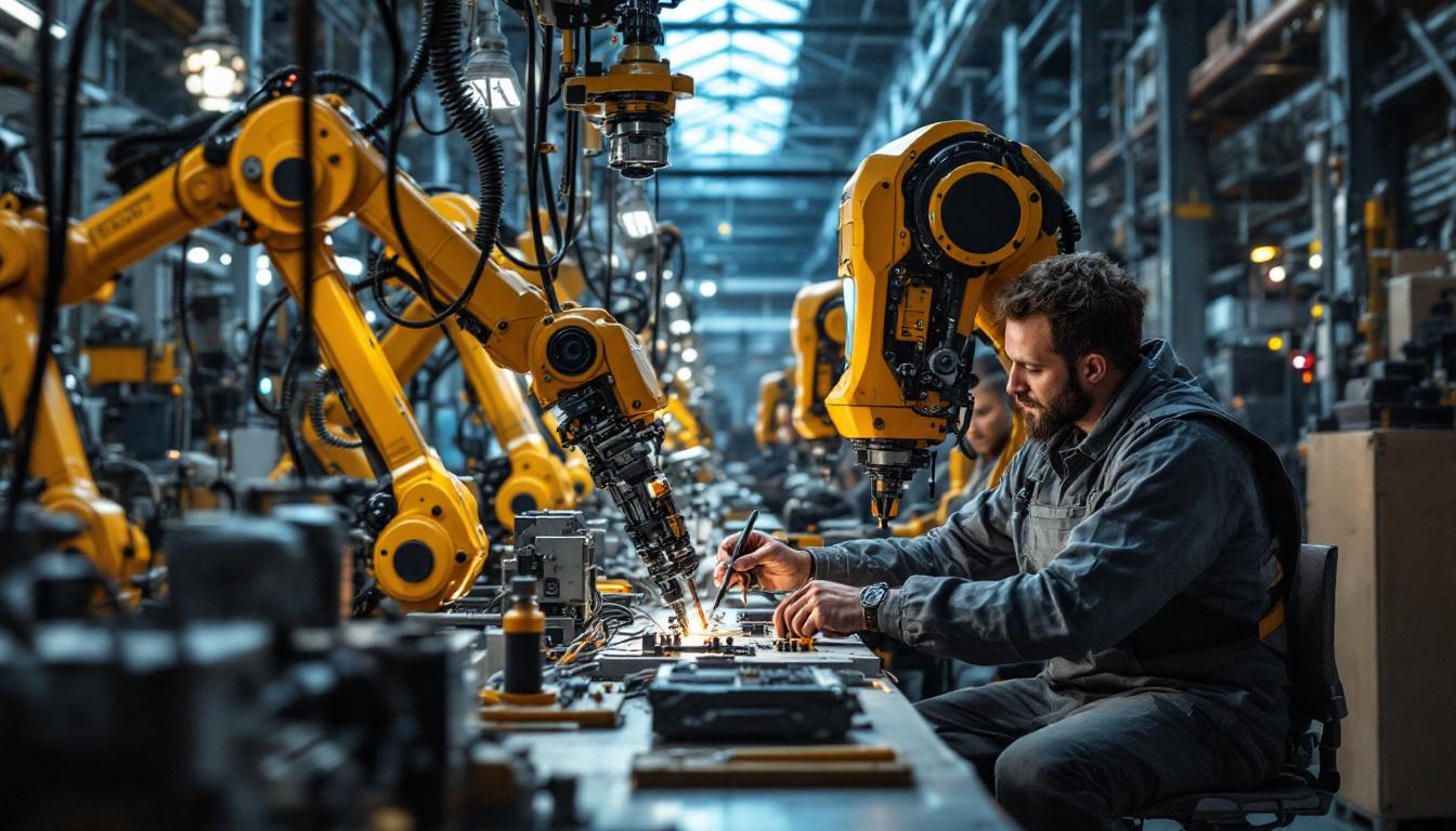 A photograph of capture a photograph of a bustling industrial workspace in new york
