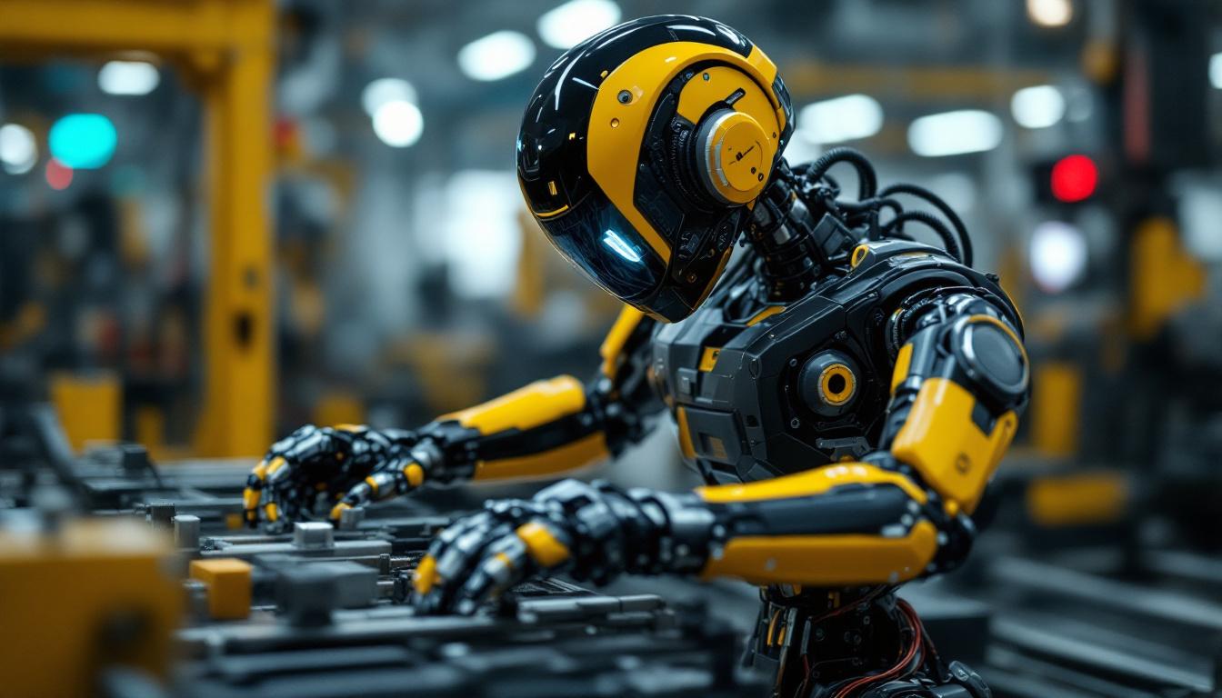 A photograph of a sleek mini robot in action on an industrial assembly line