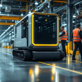 A photograph of a state-of-the-art automated guided vehicle (agv) navigating safely through a busy industrial environment