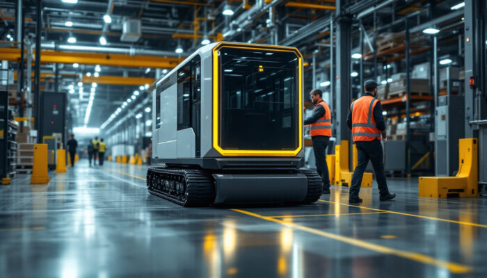 A photograph of a state-of-the-art automated guided vehicle (agv) navigating safely through a busy industrial environment