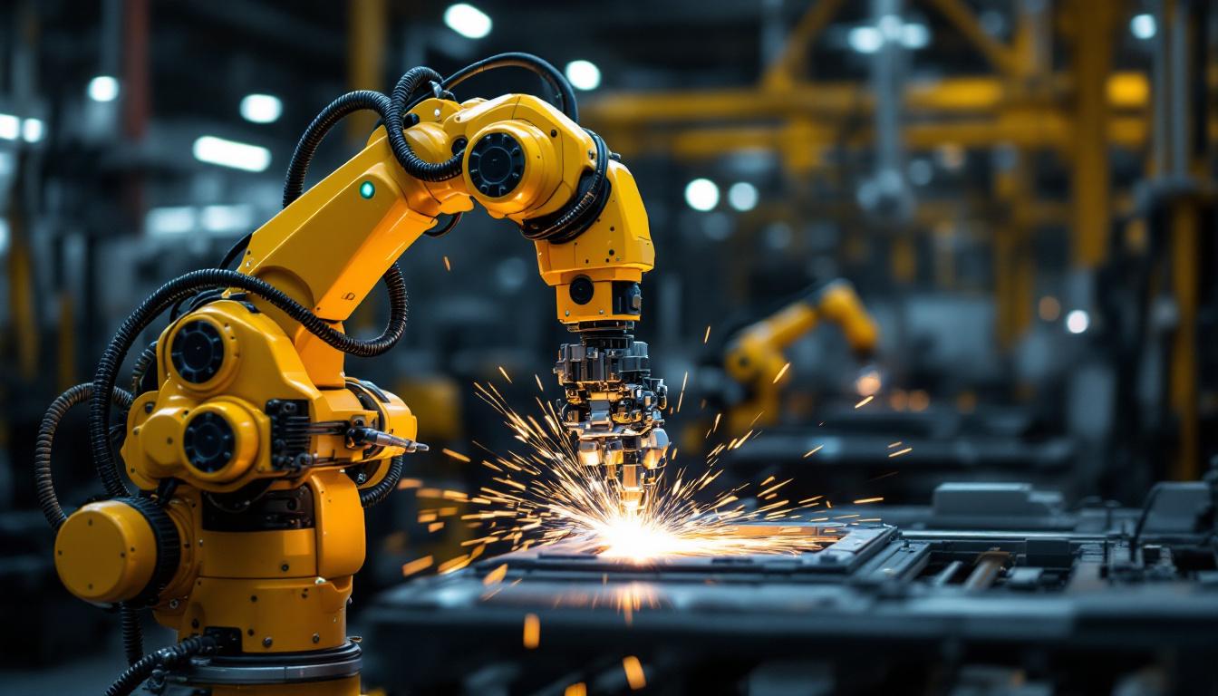 A photograph of a 6-axis industrial robot in action
