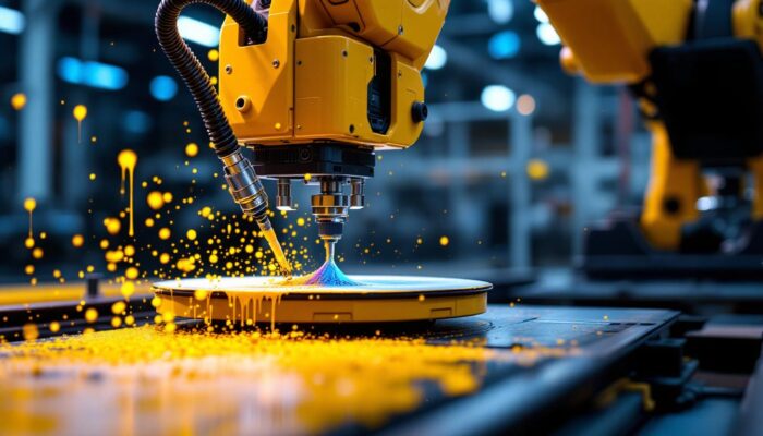 A photograph of a robotic painting machine in action