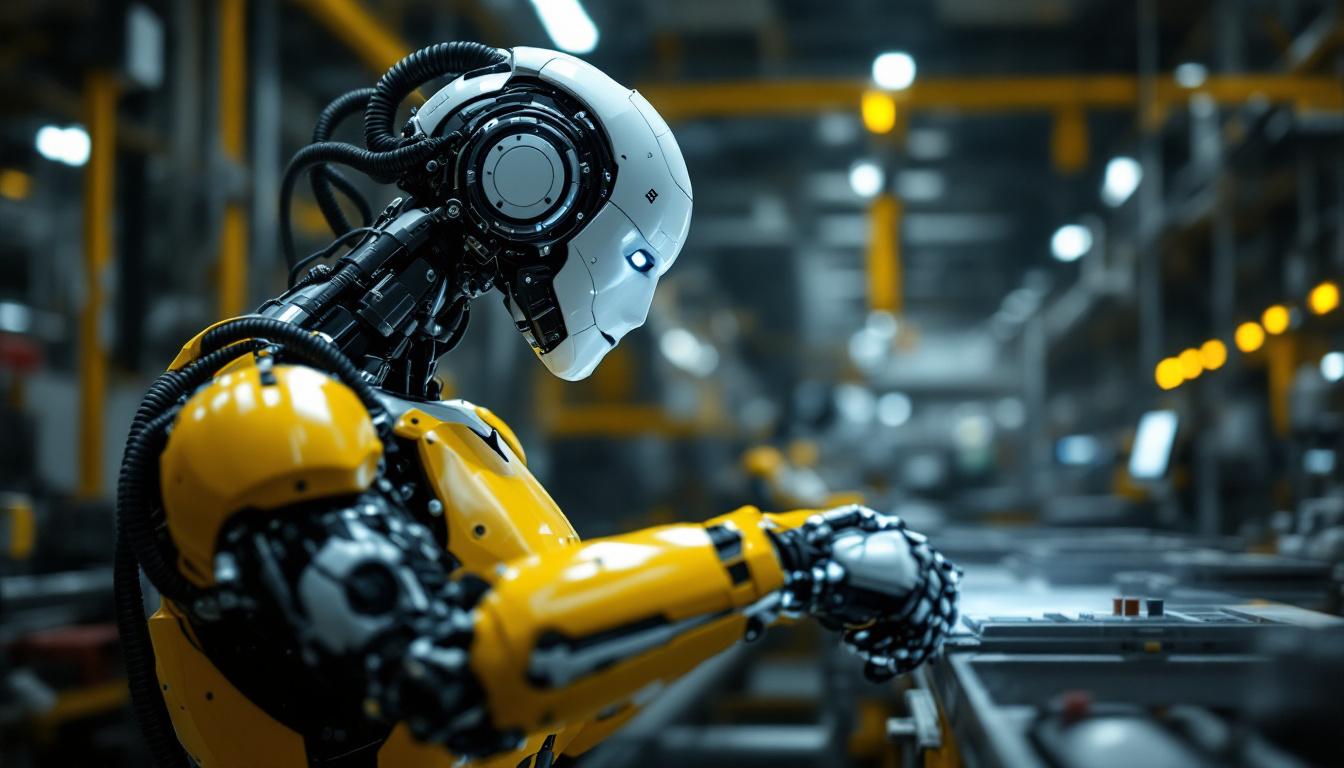 A photograph of a sleek abb industrial robot in action on a factory floor