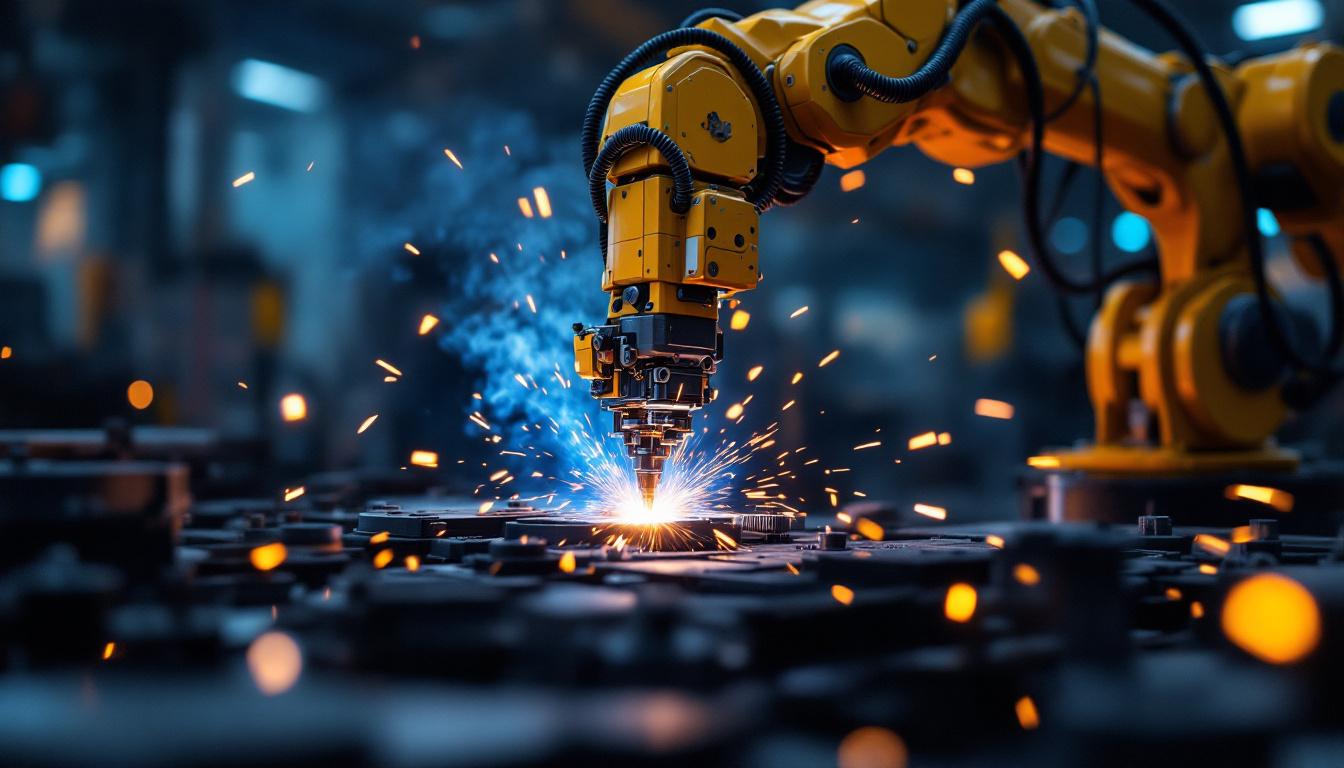 A photograph of a high-tech industrial robotic welder in action