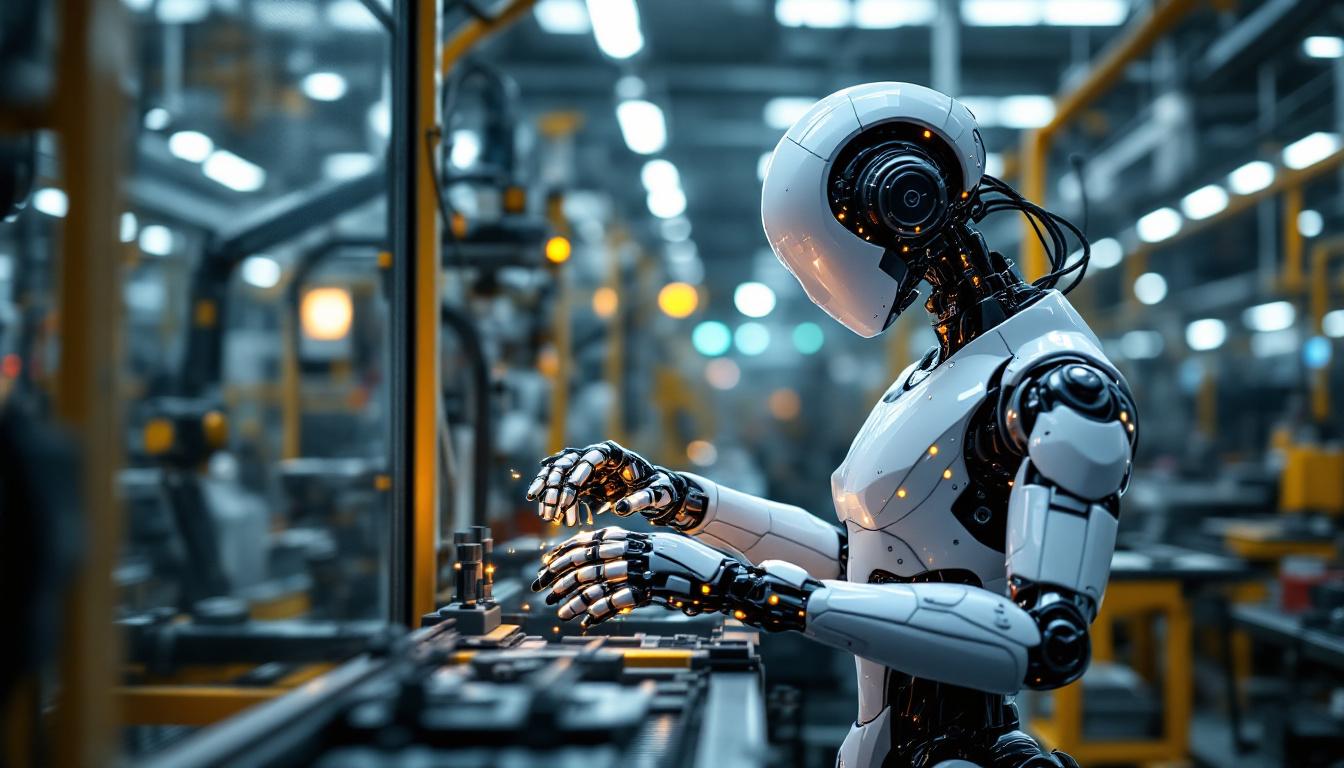 A photograph of a sleek industrial robot in action within a manufacturing environment