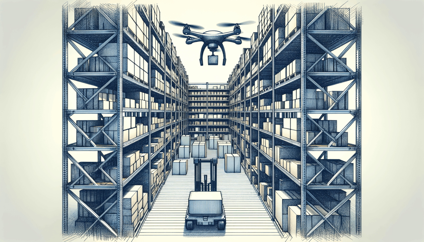 An indoor warehouse environment featuring a logistics drone actively scanning inventory shelves and transporting small packages amidst neatly organized storage racks