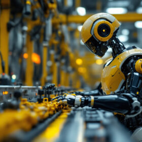 A photograph of a sleek industrial robot in action within a modern manufacturing environment
