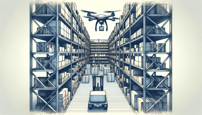 An indoor warehouse environment featuring a logistics drone actively scanning inventory shelves and transporting small packages amidst neatly organized storage racks