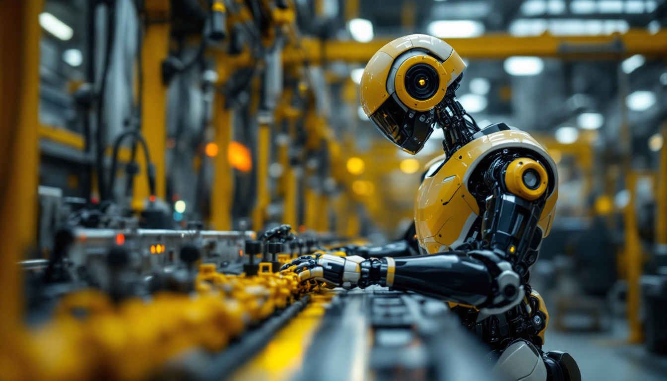 A photograph of a sleek industrial robot in action within a modern manufacturing environment