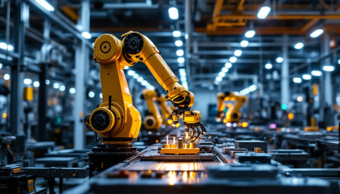 A photograph of a sleek industrial robotic arm in action within a modern manufacturing facility