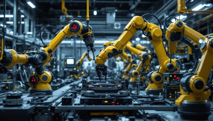A photograph of a futuristic industrial setting featuring advanced robotic arms and automated machinery working collaboratively alongside human workers