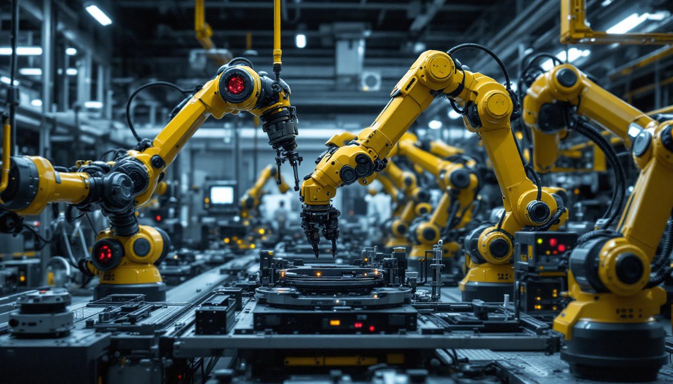 A photograph of a futuristic industrial setting featuring advanced robotic arms and automated machinery working collaboratively alongside human workers