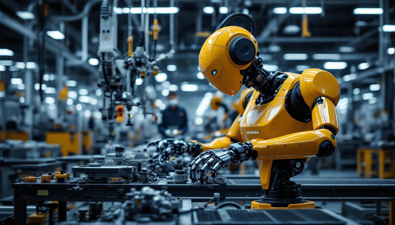 A photograph of a honda industrial robot in action on a factory floor