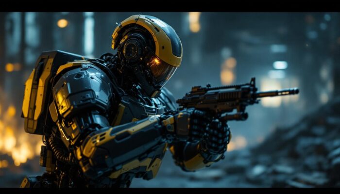 A photograph of a dynamic scene showcasing a military robot in action