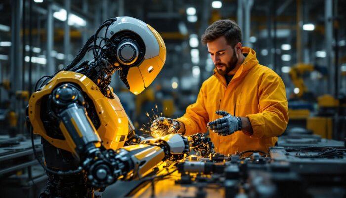 A photograph of a collaborative robot (cobot) working alongside a human in an industrial setting