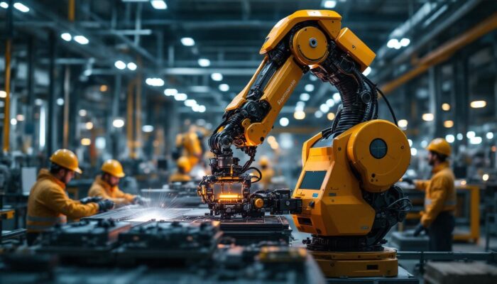 A photograph of a modern industrial robot in action on a manufacturing floor