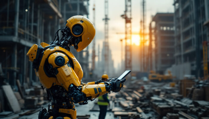 A photograph of a dynamic construction site showcasing an industrial robot in action