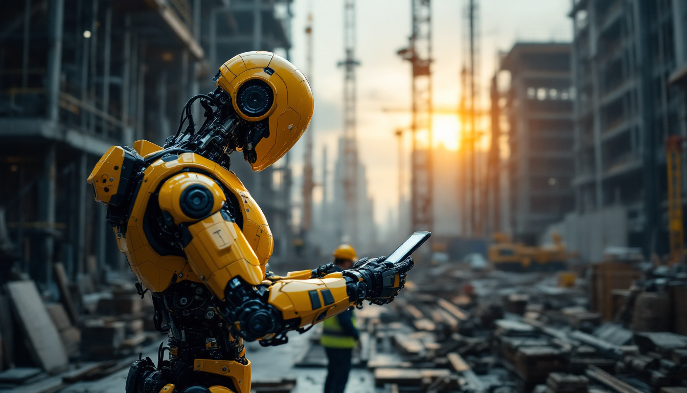 A photograph of a dynamic construction site showcasing an industrial robot in action