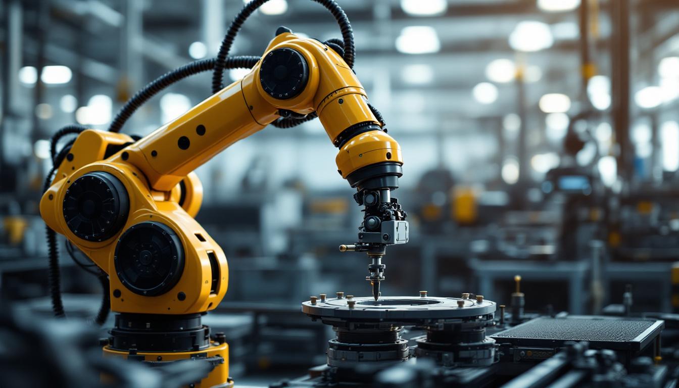 A photograph of a robotic arm equipped with an end-of-arm tooling attachment