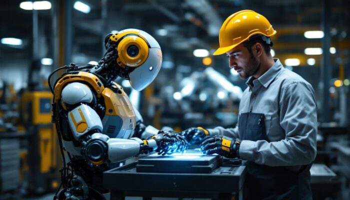 A photograph of a collaborative robot (cobot) in action alongside a human worker in an industrial setting