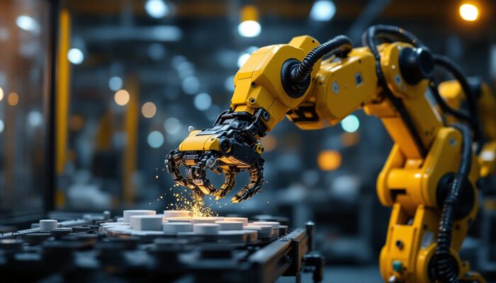 A photograph of a sleek industrial robot in action