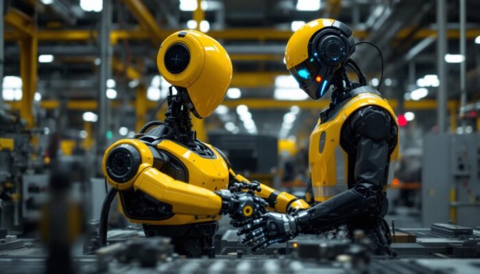 A photograph of a tesla bot gen 3 in an industrial setting