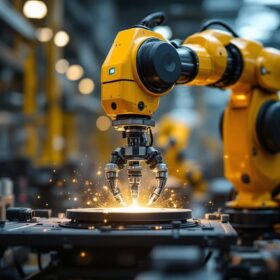 A photograph of a sleek industrial robot in action