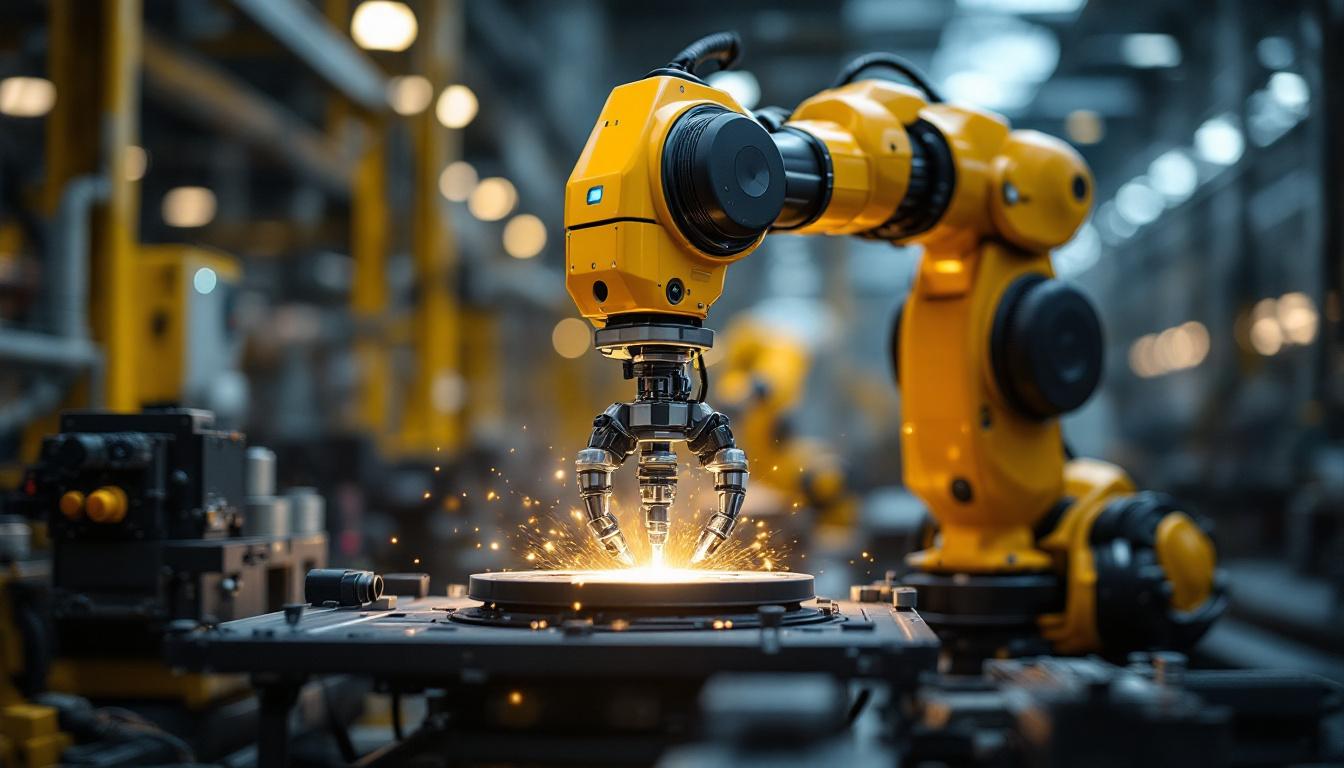 A photograph of a sleek industrial robot in action