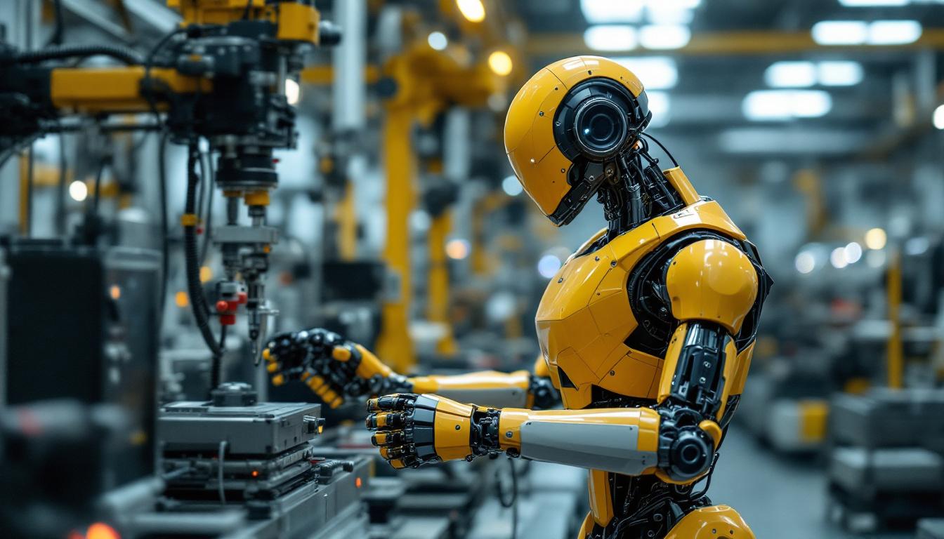 A photograph of a humanoid robot interacting with industrial machinery in a factory setting