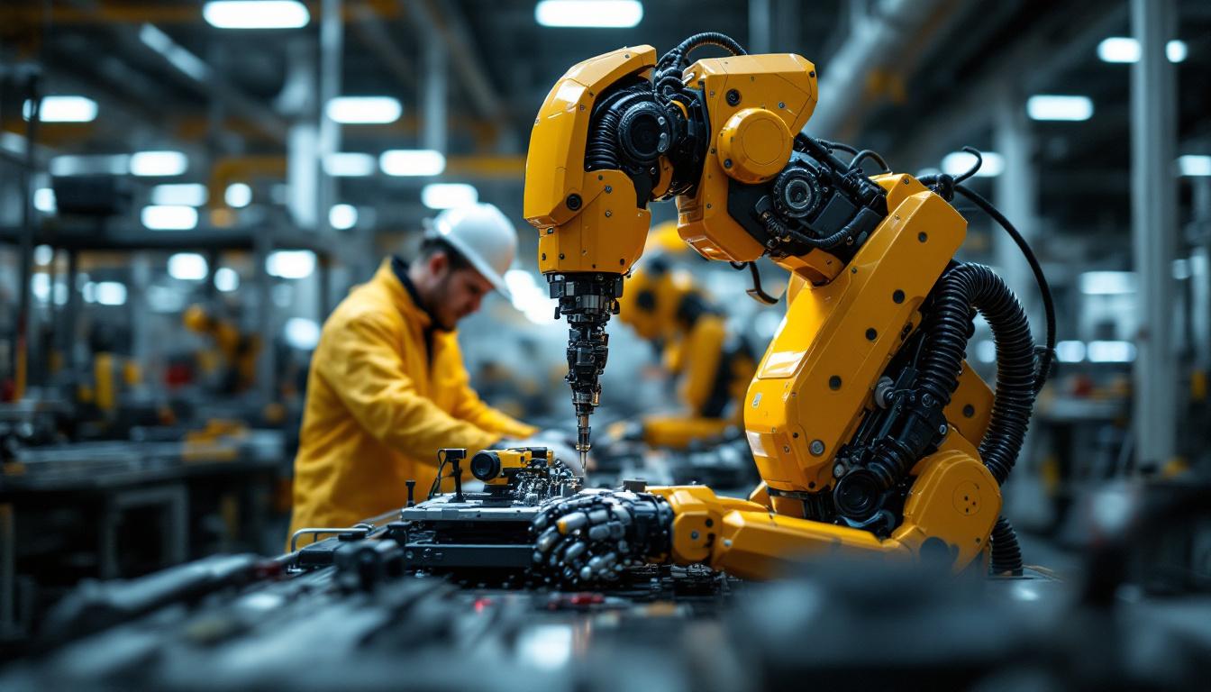 A photograph of a modern industrial robot in action on a factory floor