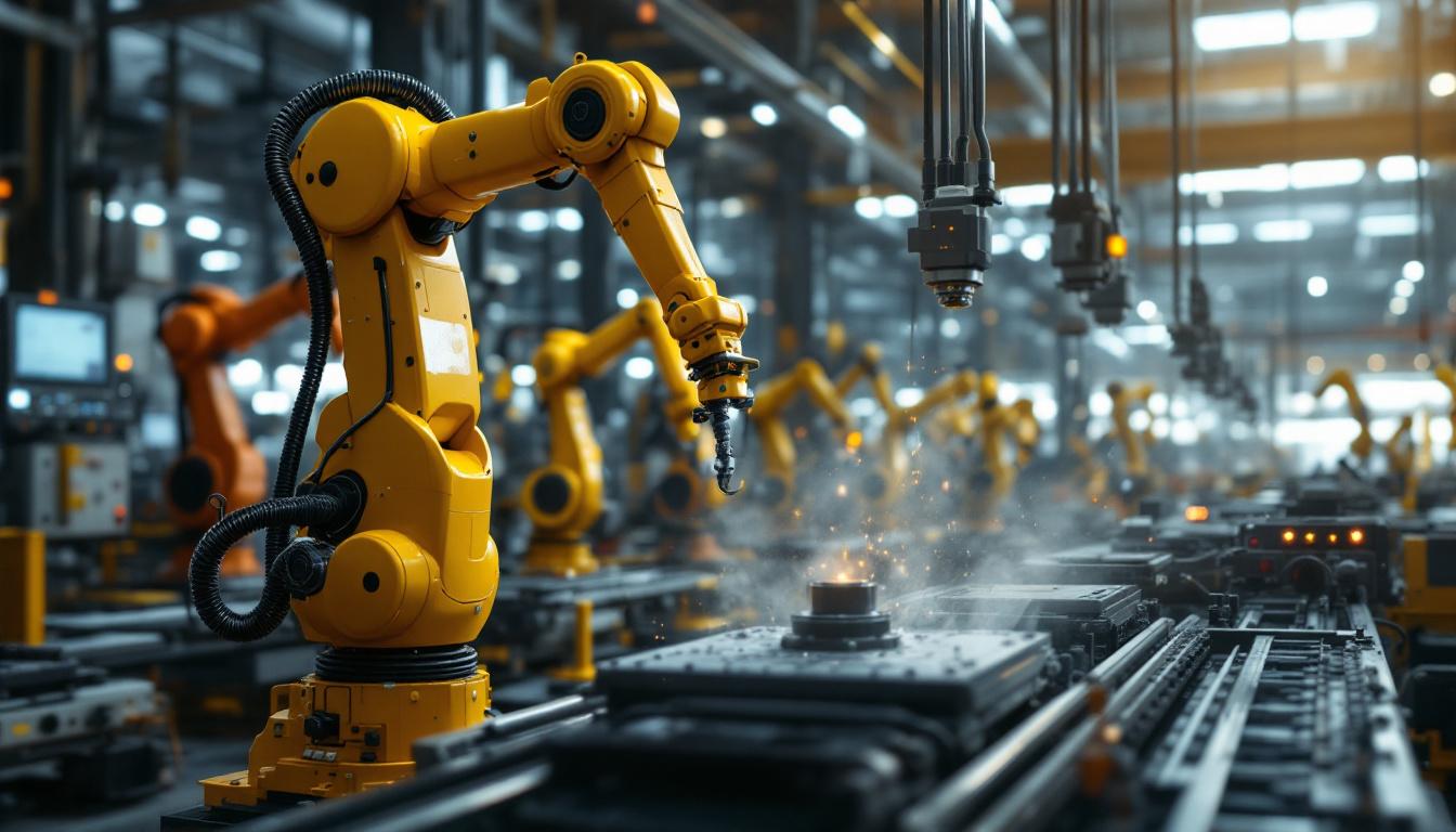 A photograph of a dynamic industrial setting showcasing a variety of robotic arms and automated machinery in action