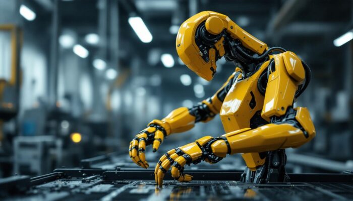 A photograph of a sleek industrial robot in action