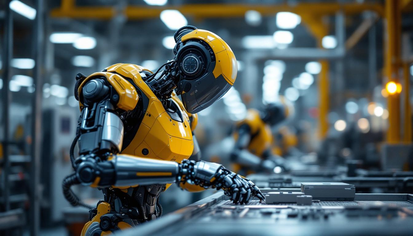 A photograph of a sleek industrial robot in action on a factory floor