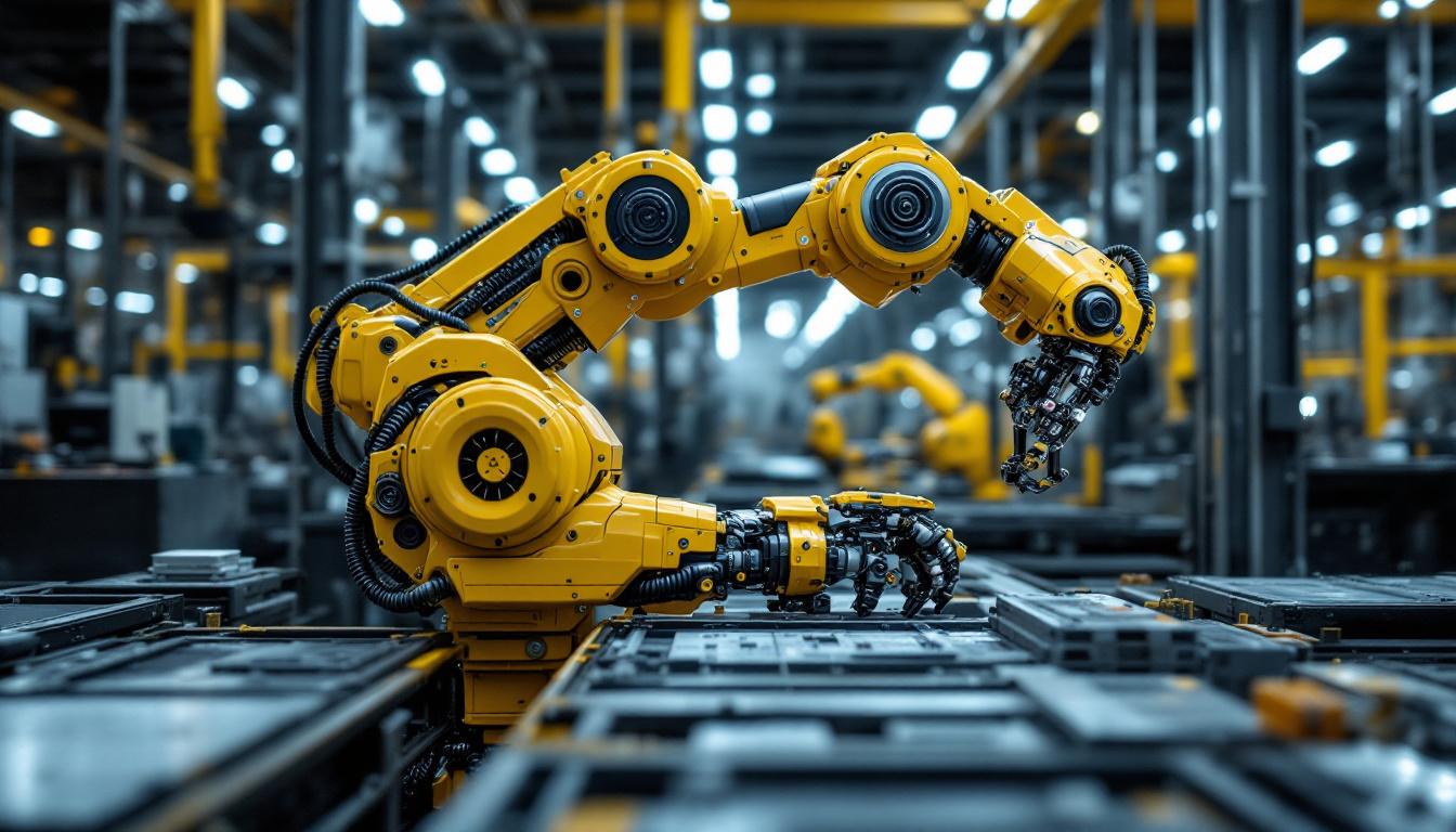 A photograph of a modern industrial robot in action on a factory floor