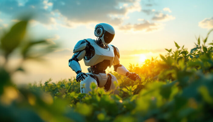A photograph of a futuristic farming robot in action